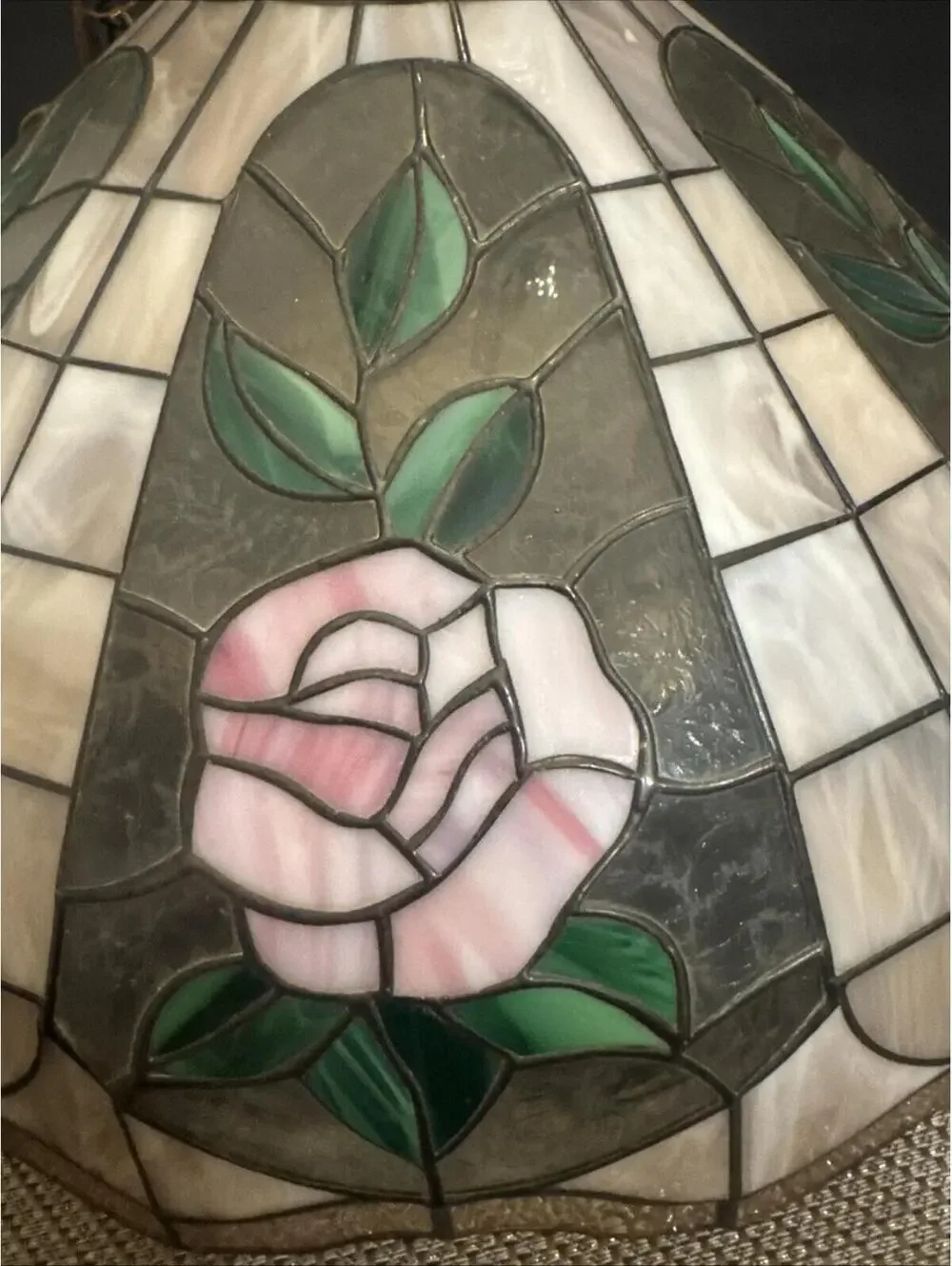 Vintage Tiffany Style 21”  Leaded Glass Hanging Ceiling Chandelier With Lights
